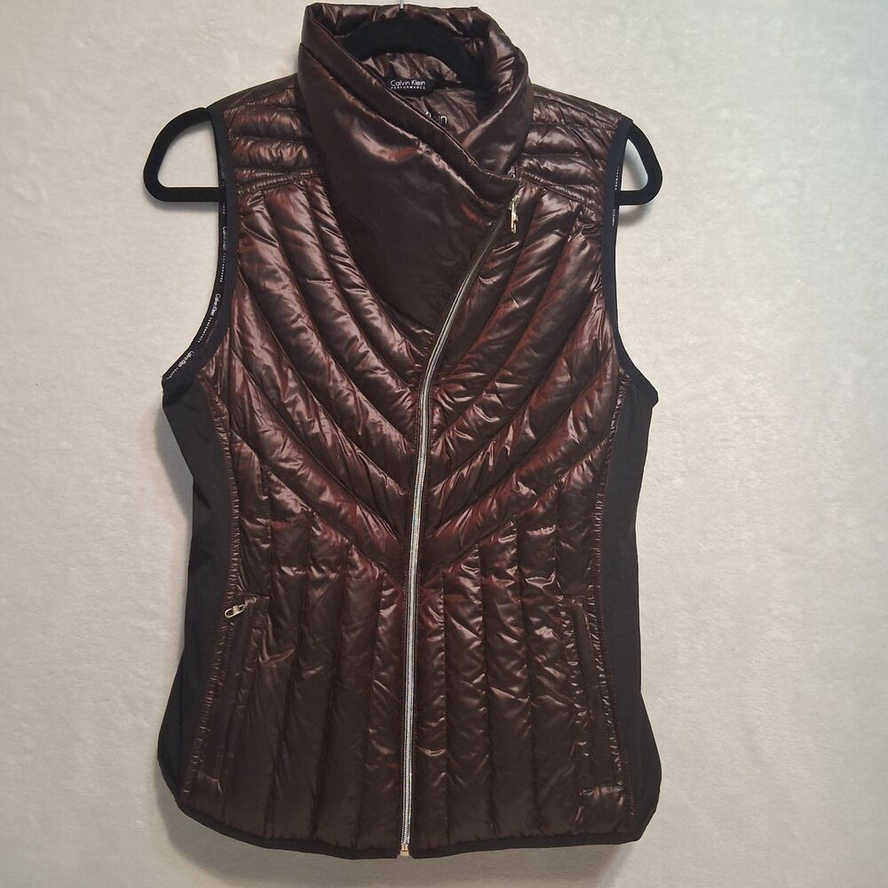 Calvin Klein M Vest Down Puffer Full Zip Red Brown Shimmer Asymmetrical Gorpcore